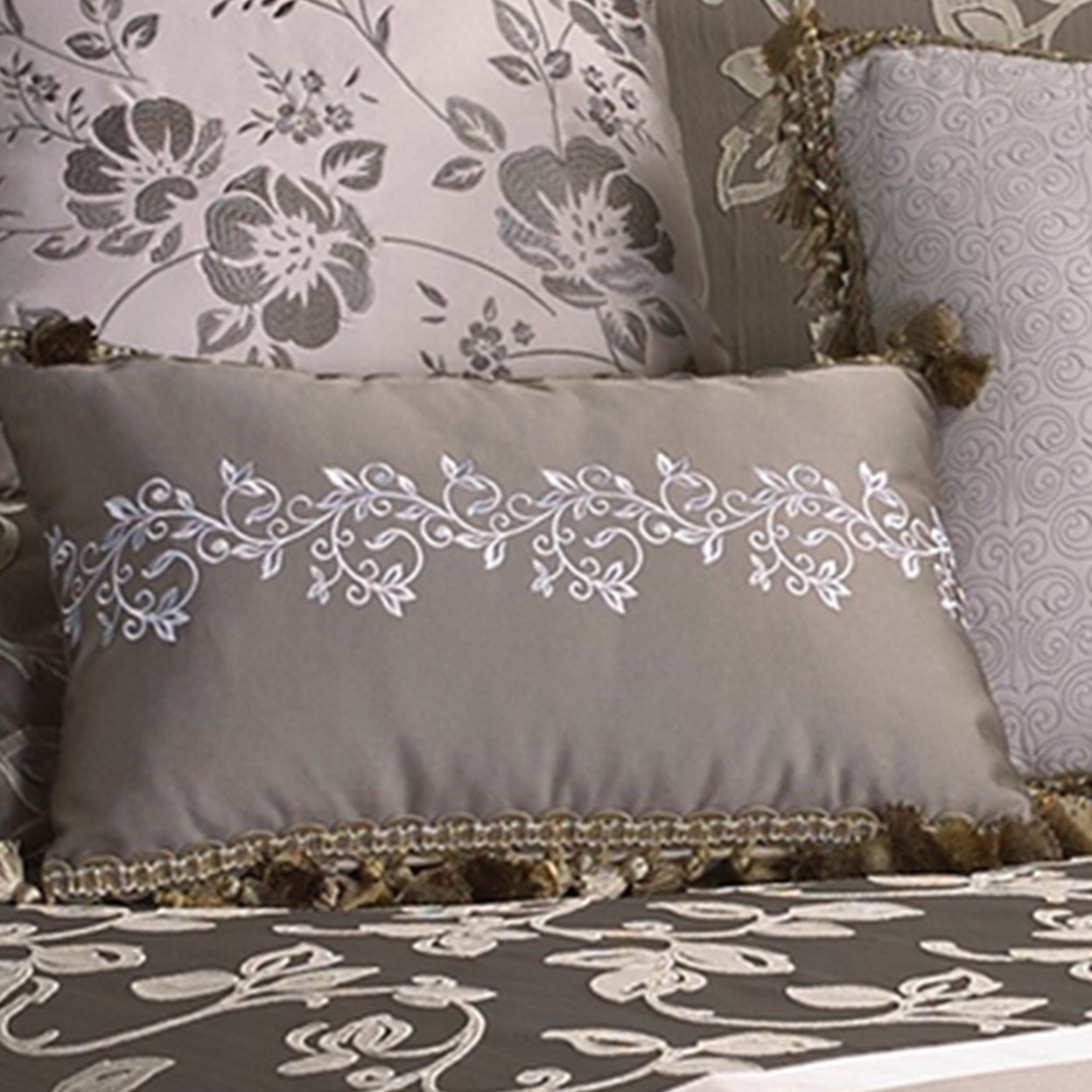 9 Piece Queen Polyester Comforter Set With Leaf Print, Platinum Gray- Saltoro Sherpi