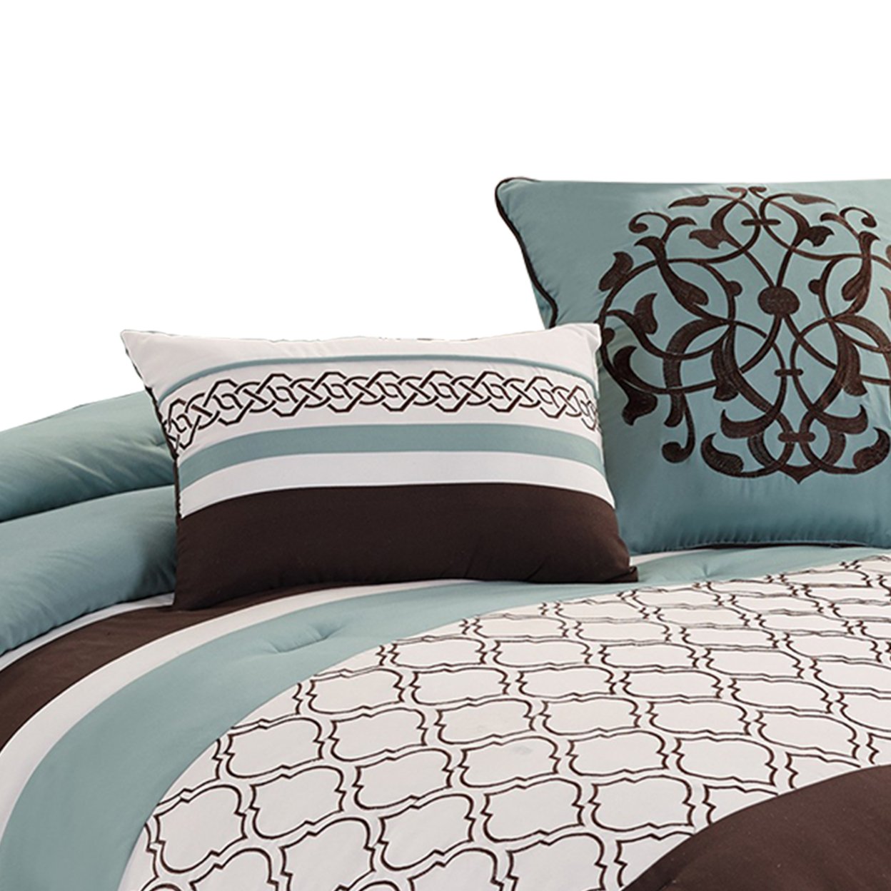 Quatrefoil King Size 8 Piece Fabric Comforter Set , Brown And Blue- Saltoro Sherpi