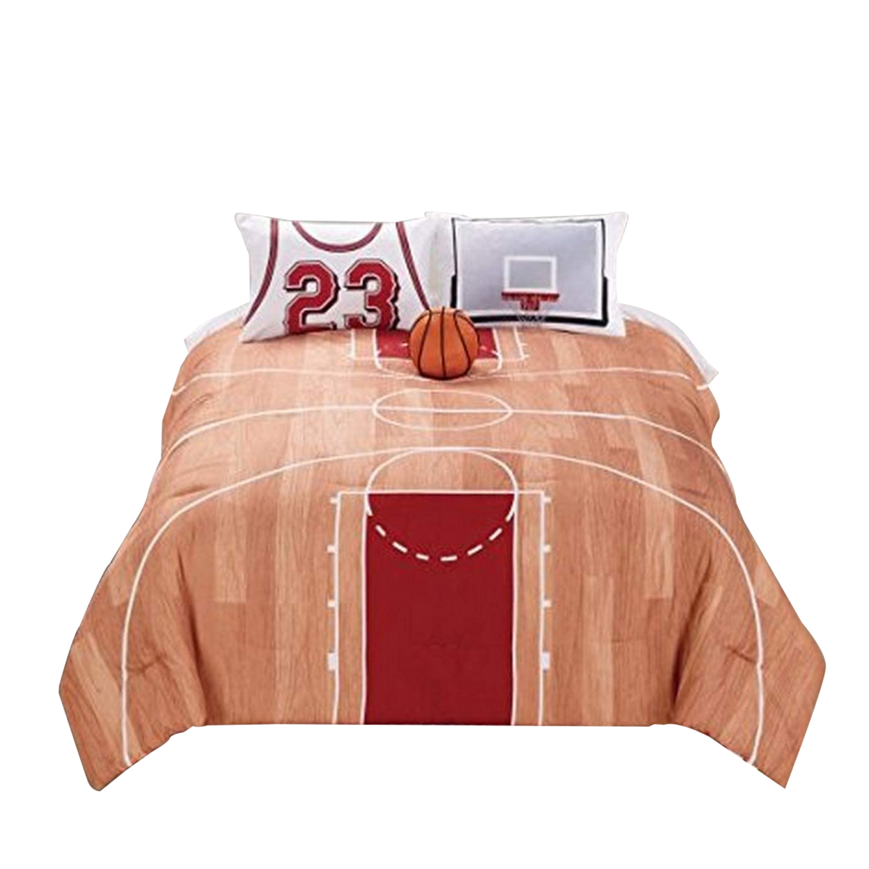 4 Piece Polyester Full Comforter Set With Basketball Court Print, Multicolor- Saltoro Sherpi