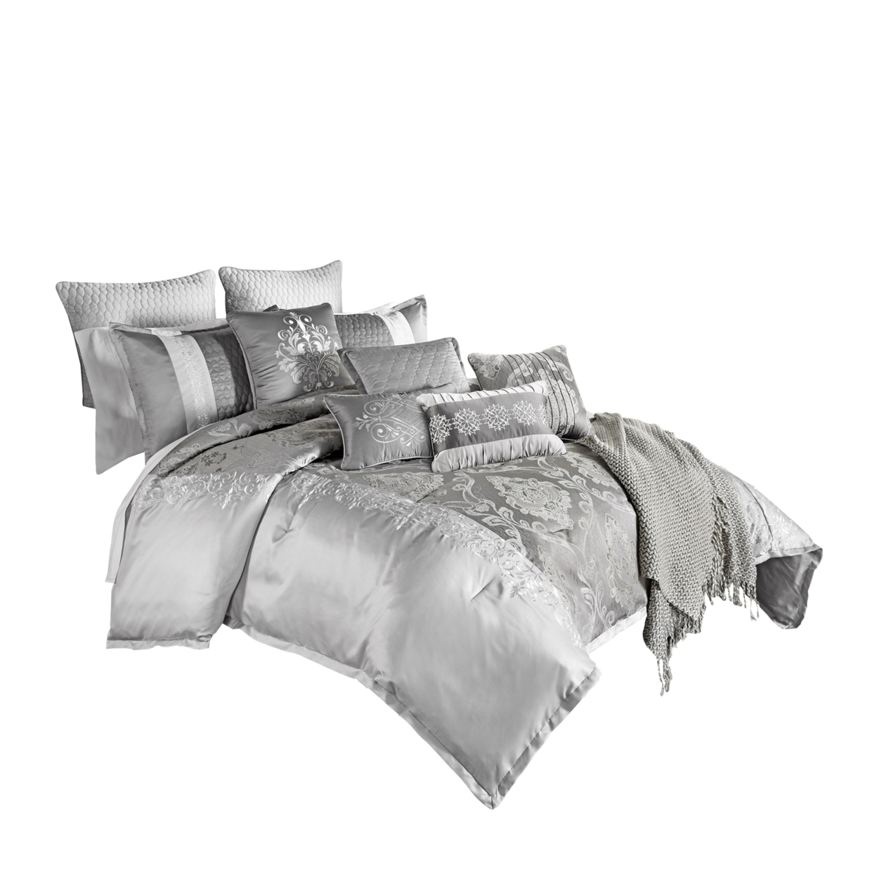 12 Piece King Polyester Comforter Set With Medallion Print, Platinum Gray- Saltoro Sherpi
