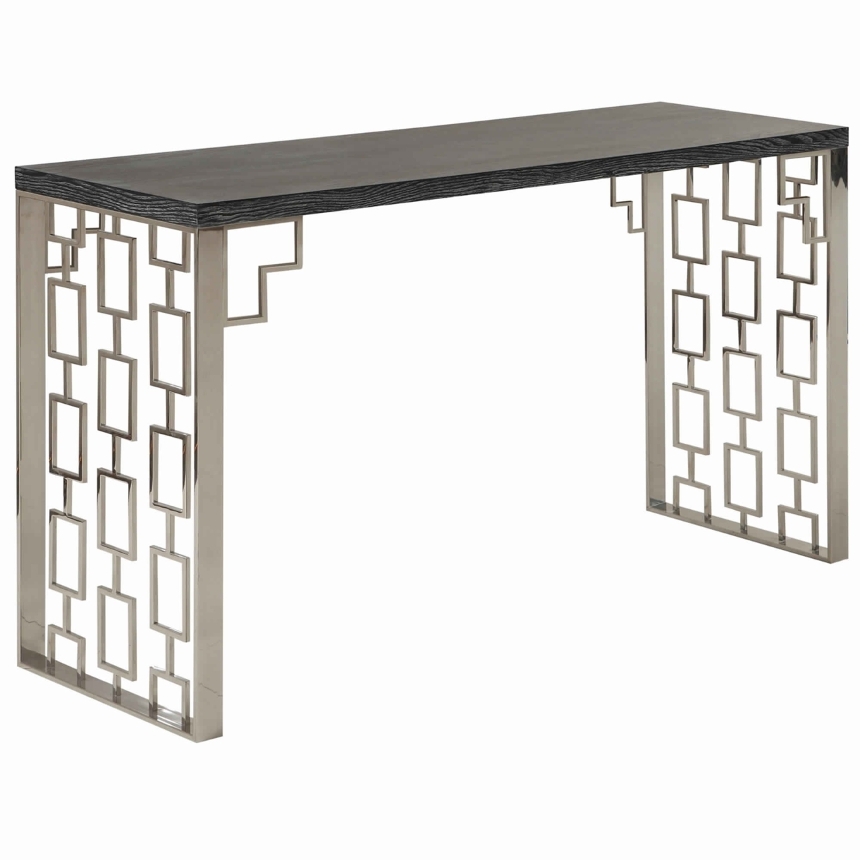 Wooden Top Metal Console Table With Lattice Cut Side Panel, Gray And Silver- Saltoro Sherpi