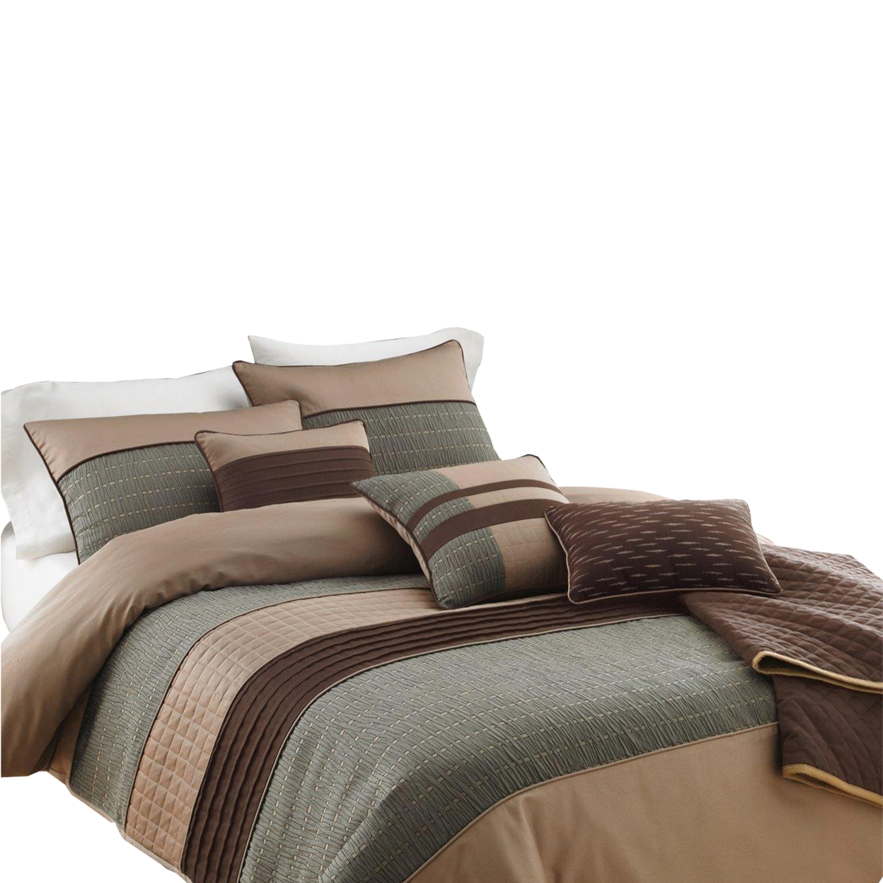 7 Piece Queen Comforter Set With Pleats And Texture, Gray And Brown- Saltoro Sherpi