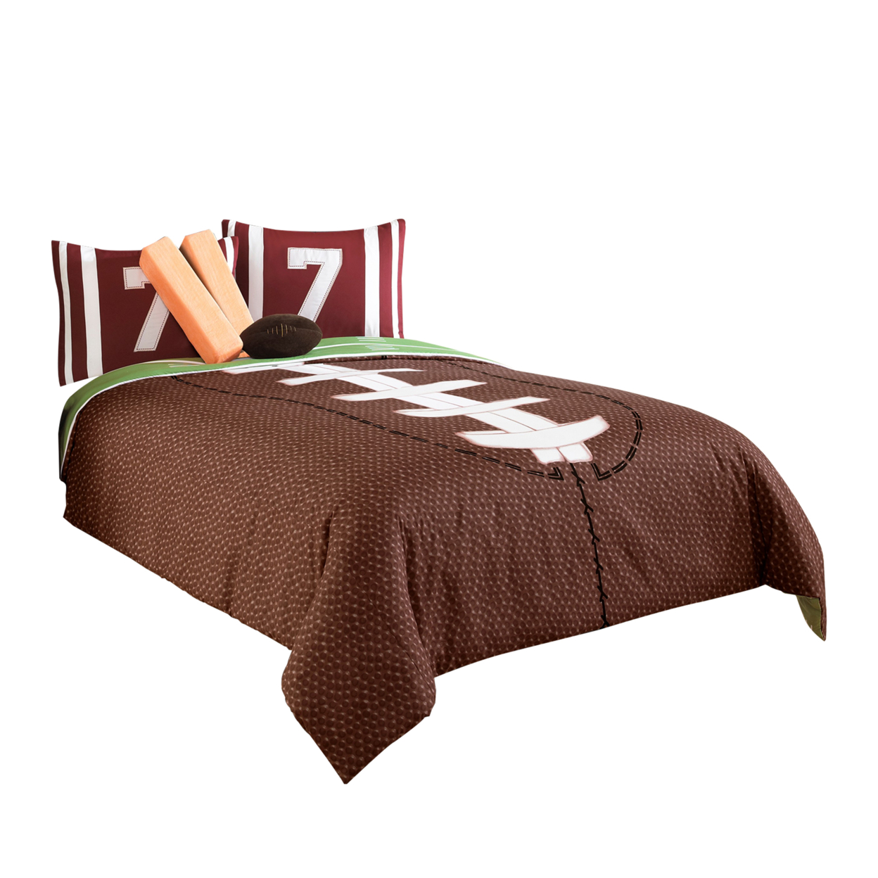 6 Piece Full Comforter Set With Football Field Print, Brown And Green- Saltoro Sherpi