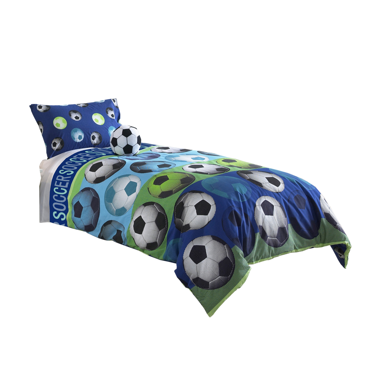 4 Piece Full Size Comforter Set With Soccer Theme, Multicolor- Saltoro Sherpi