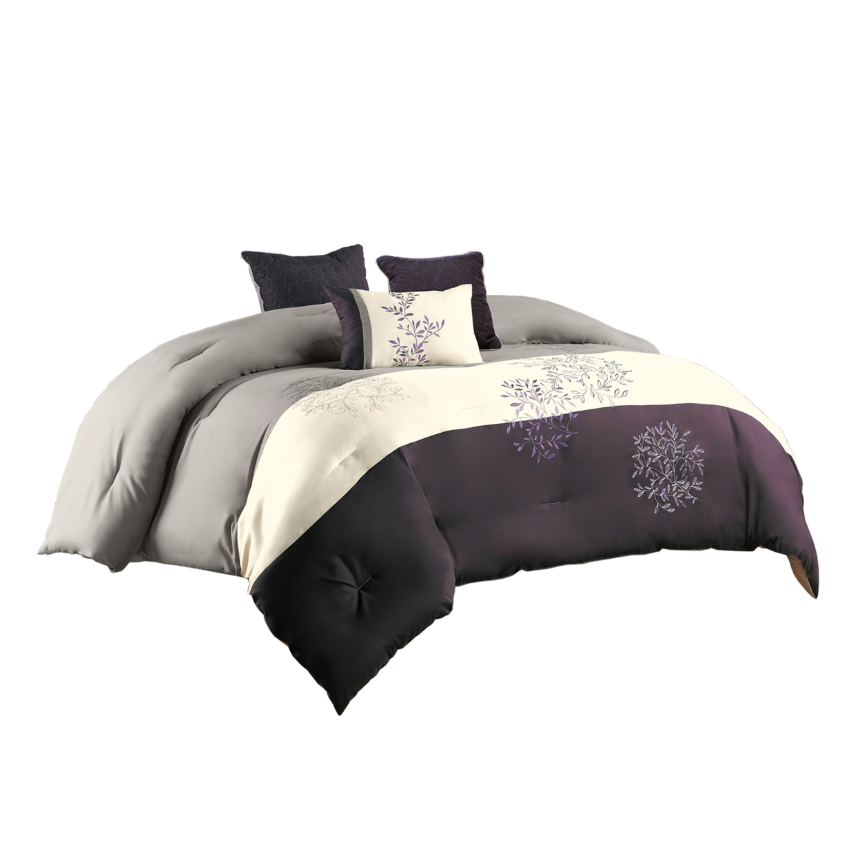 7 Piece Queen Polyester Comforter Set With Leaf Embroidery, Gray And Purple- Saltoro Sherpi