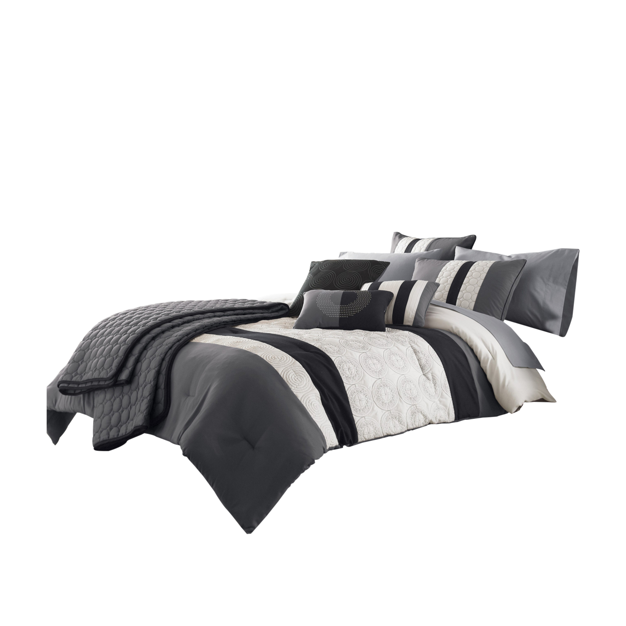 7 Piece King Size Cotton Comforter Set With Geometric Print, Gray And Black- Saltoro Sherpi