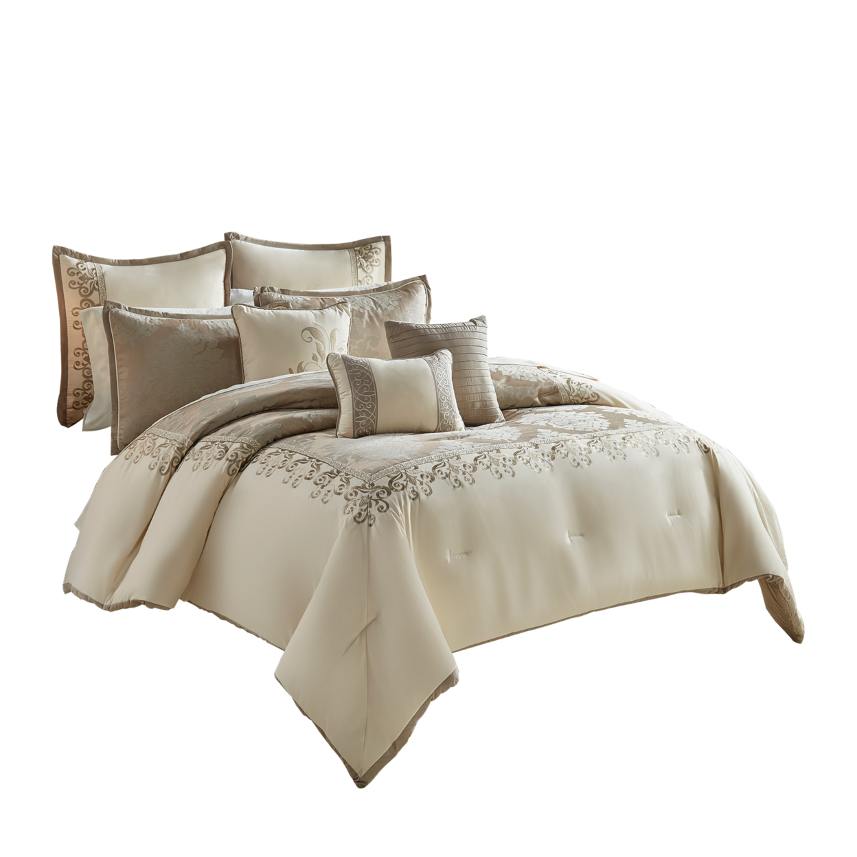 9 Piece Queen Polyester Comforter Set With Damask Print, Cream And Gold- Saltoro Sherpi