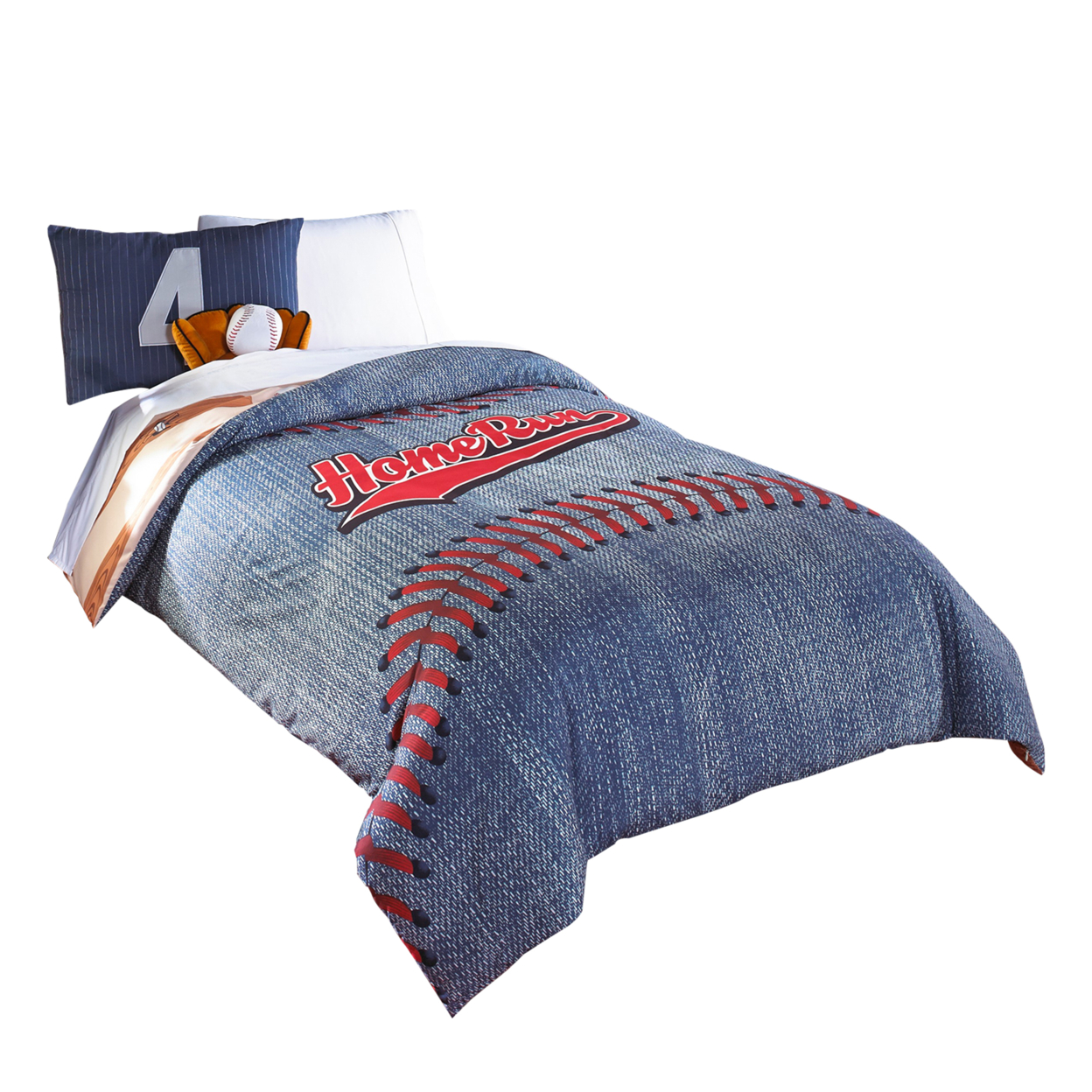 6 Piece Polyester Full Comforter Set With Baseball Inspired Print, Blue- Saltoro Sherpi