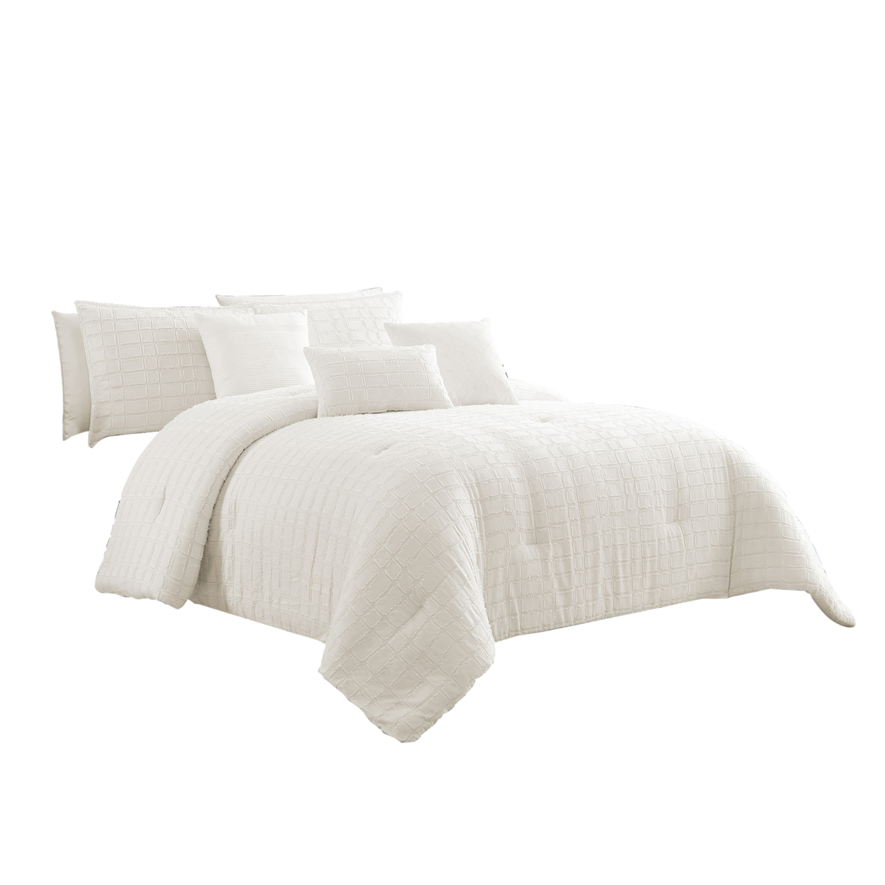 7 Piece Cotton Queen Comforter Set With Fringe Details, White- Saltoro Sherpi