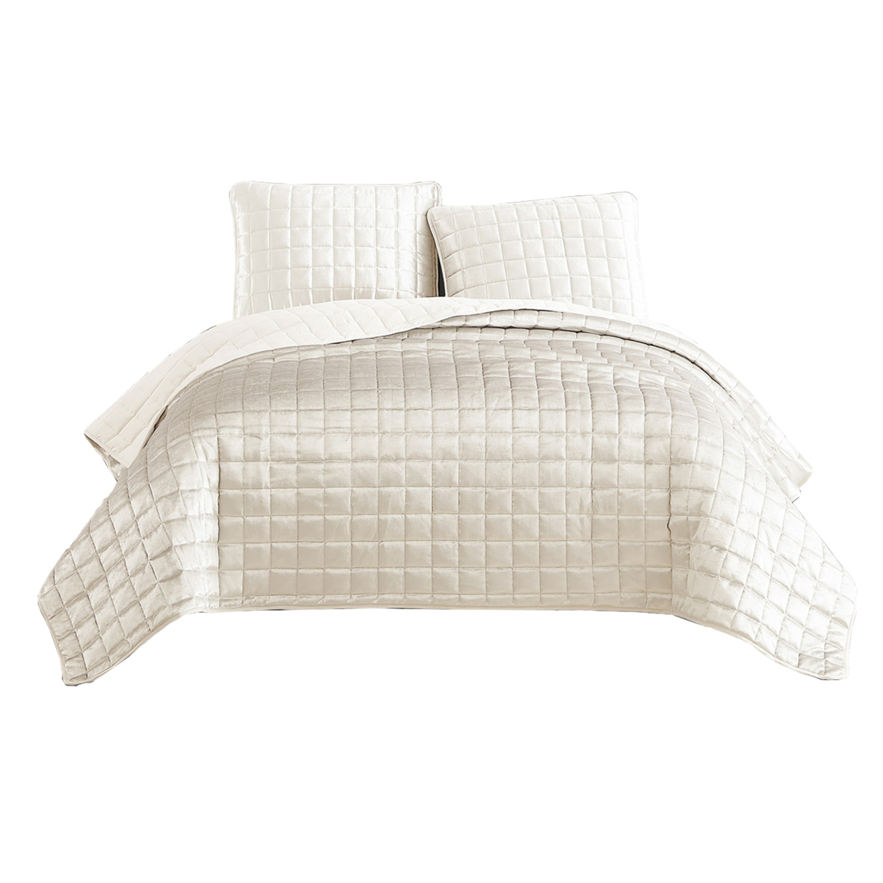 3 Piece Queen Size Coverlet Set With Stitched Square Pattern, Cream- Saltoro Sherpi