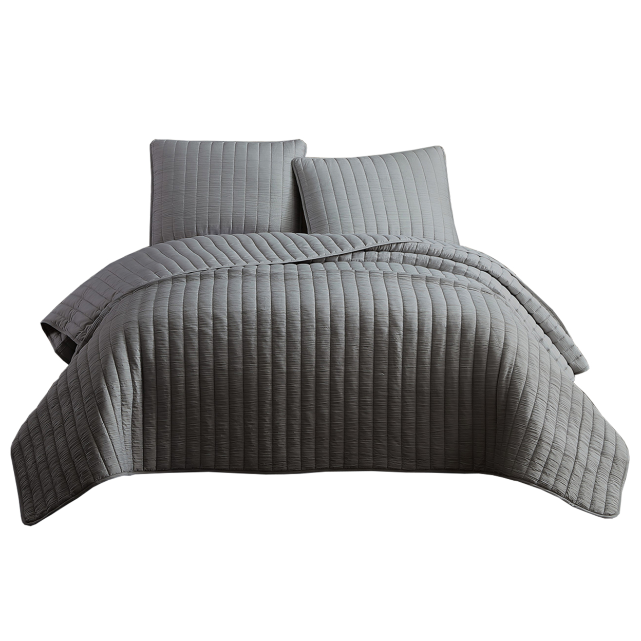 3 Piece Crinkles King Size Coverlet Set With Vertical Stitching, Gray- Saltoro Sherpi