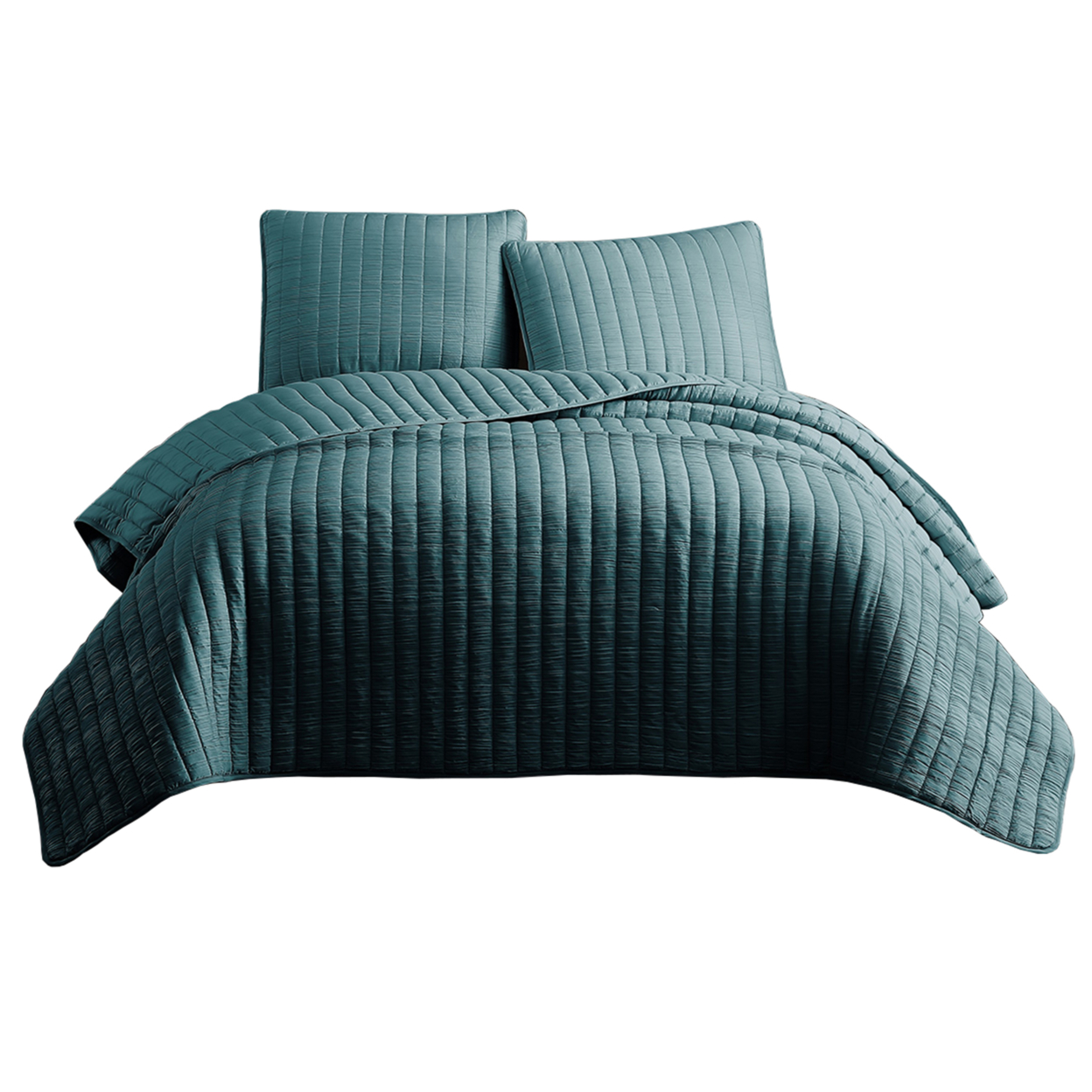 3 Piece Crinkle Queen Coverlet Set With Vertical Stitching, Turquoise Blue- Saltoro Sherpi