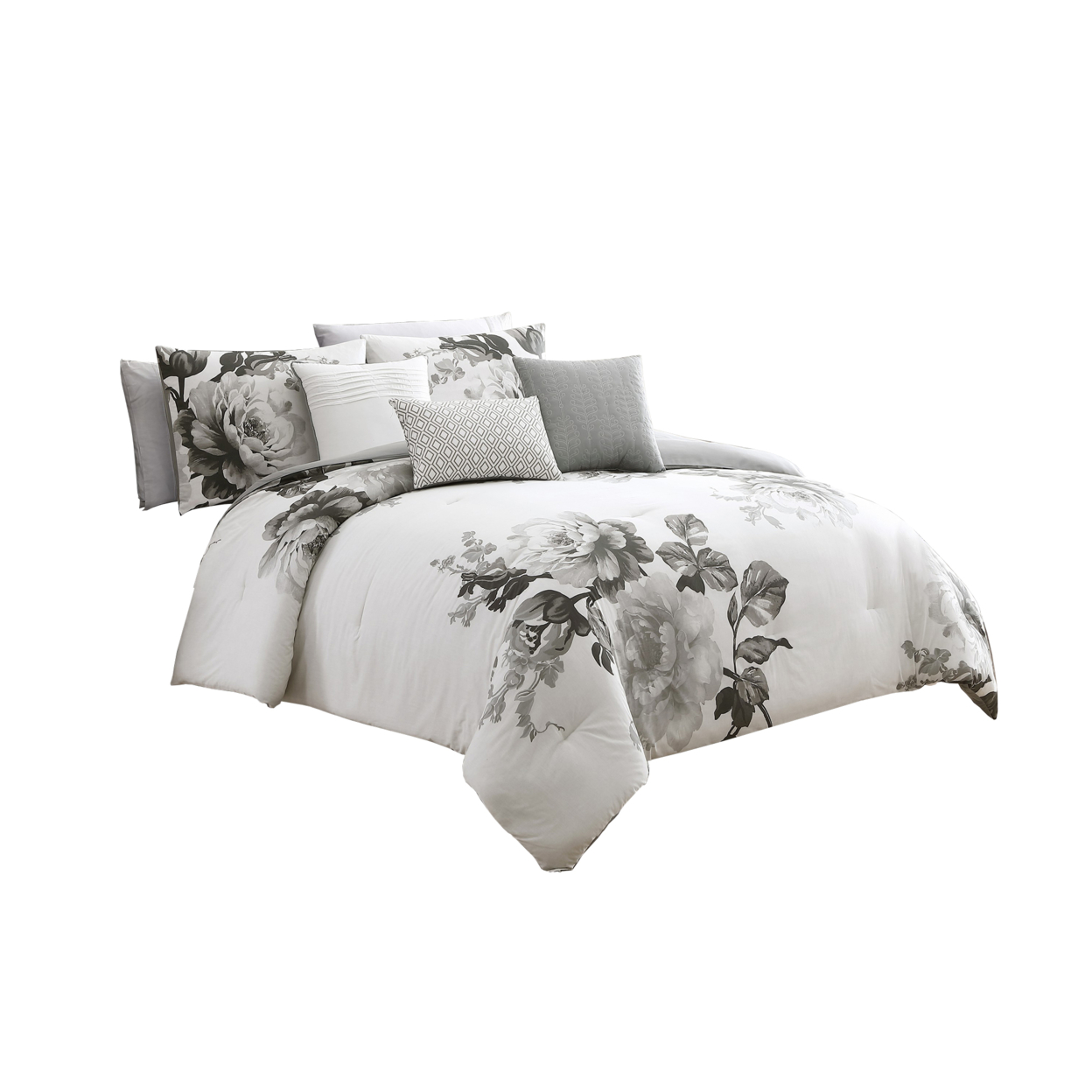 7 Piece Cotton King Comforter Set With Floral Print, Gray And White- Saltoro Sherpi