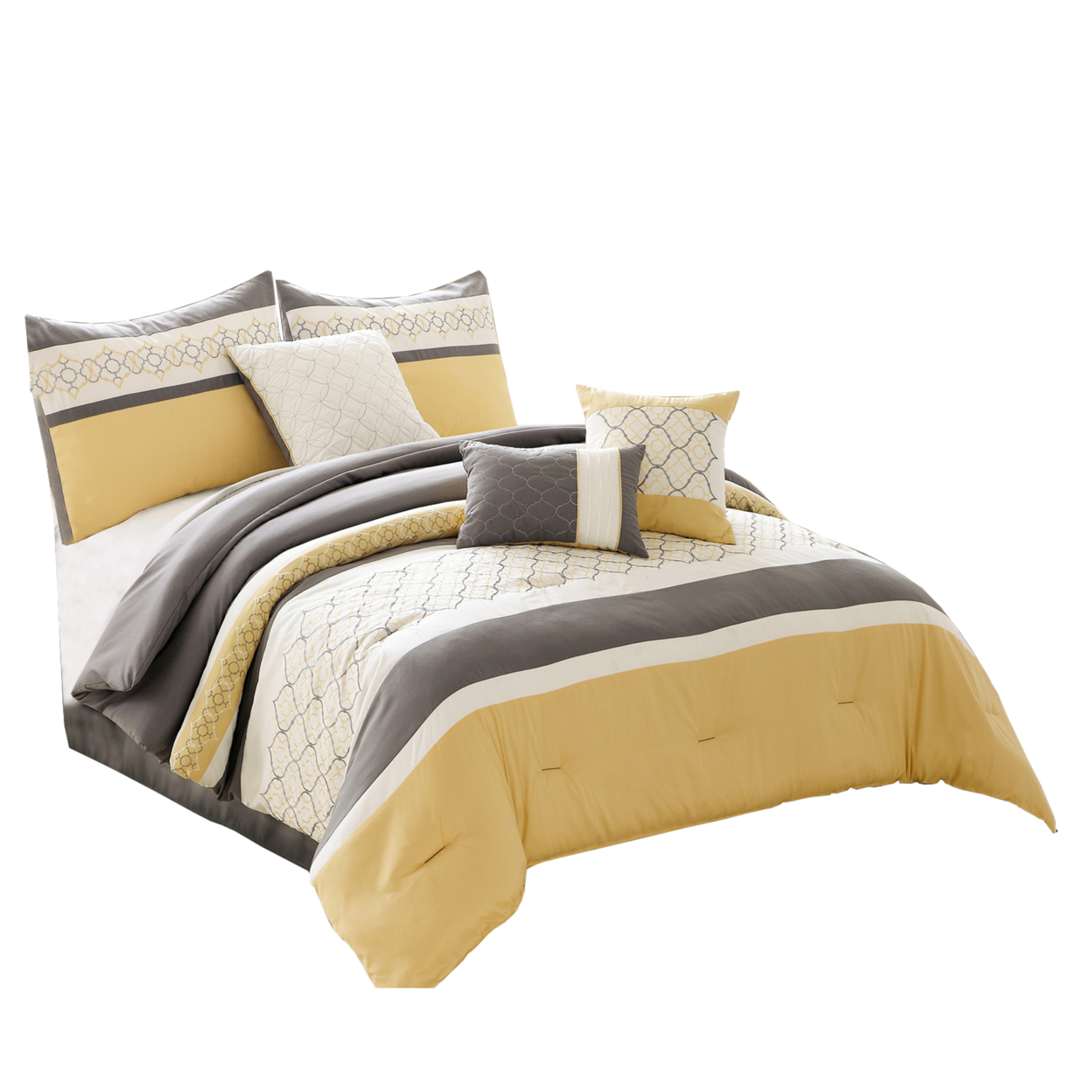 Quatrefoil Print King Size 7 Piece Fabric Comforter Set, Yellow And Gray- Saltoro Sherpi