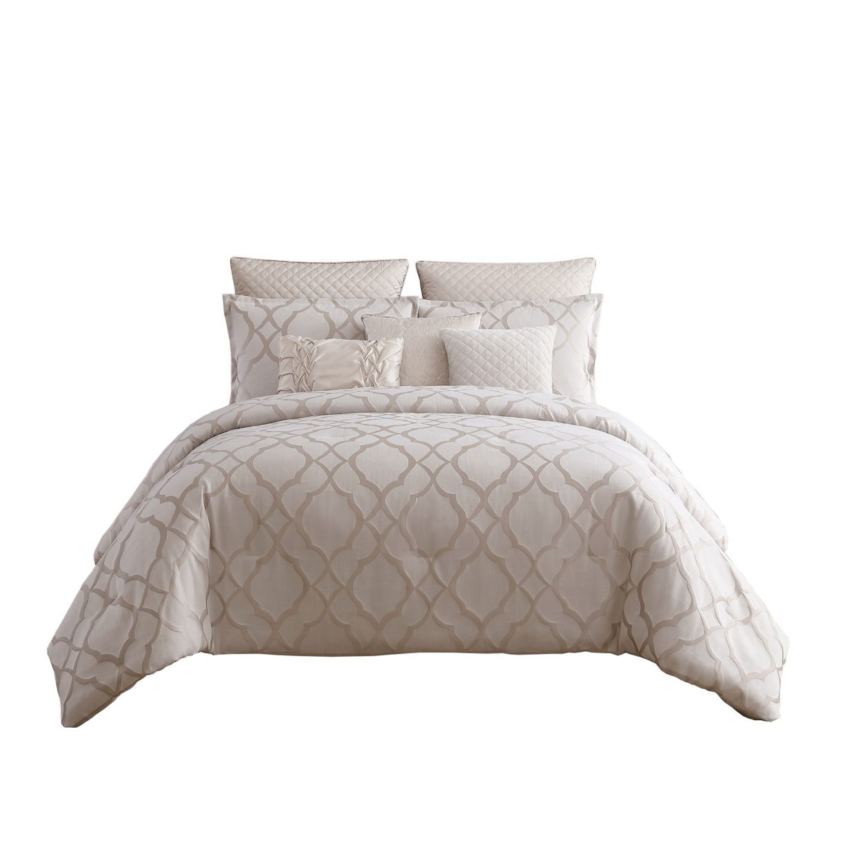 9 Piece Queen Size Fabric Comforter Set With Quatrefoil Prints, White- Saltoro Sherpi