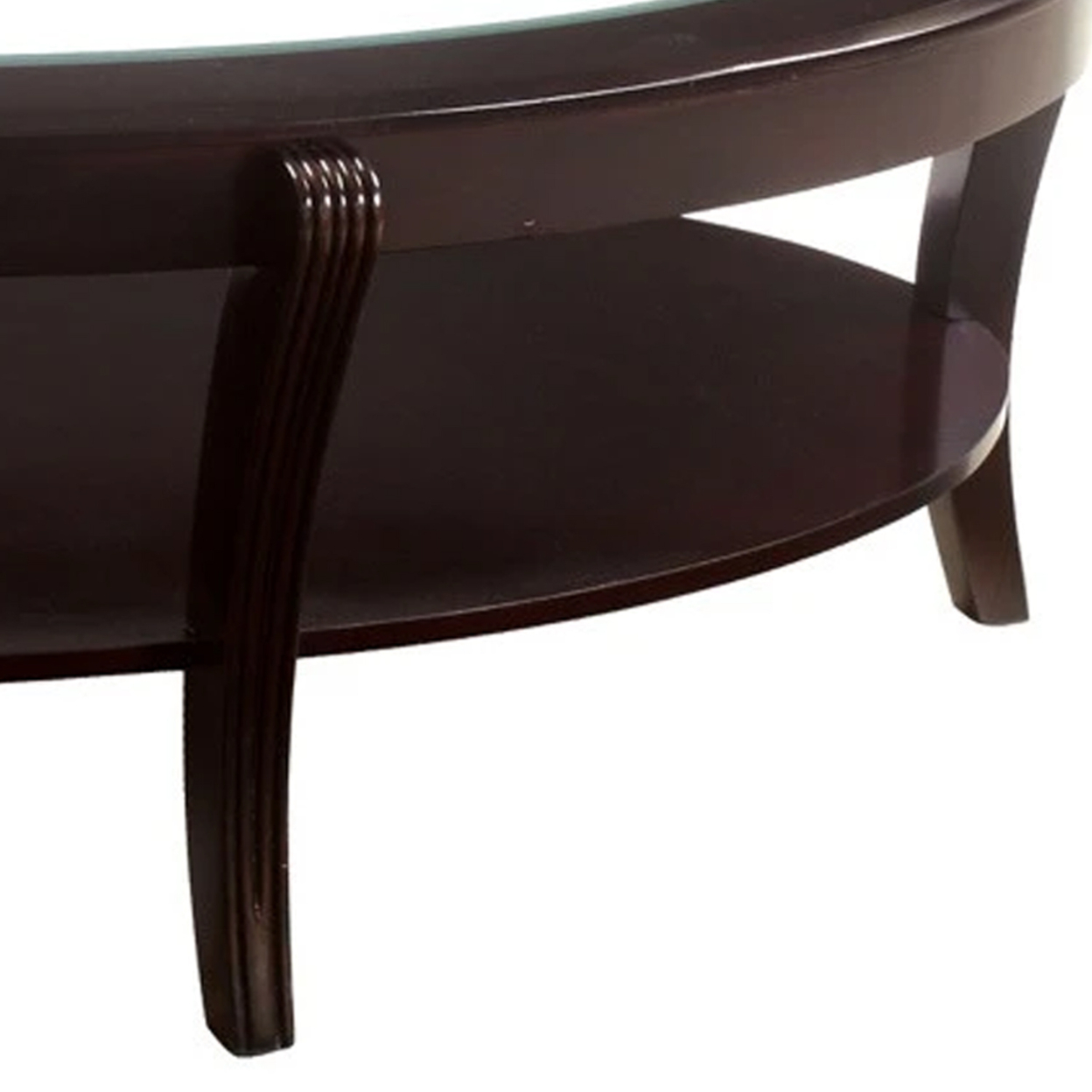 Oval Wooden Cocktail Table With Glass Insert And Open Shelf, Espresso Brown- Saltoro Sherpi