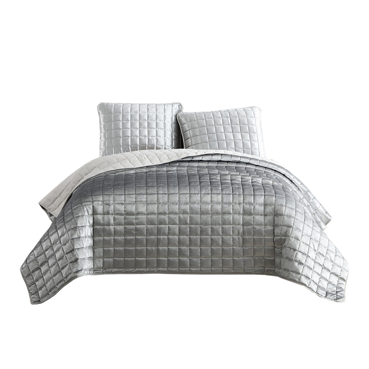 3 Piece Queen Size Coverlet Set With Stitched Square Pattern, Silver- Saltoro Sherpi