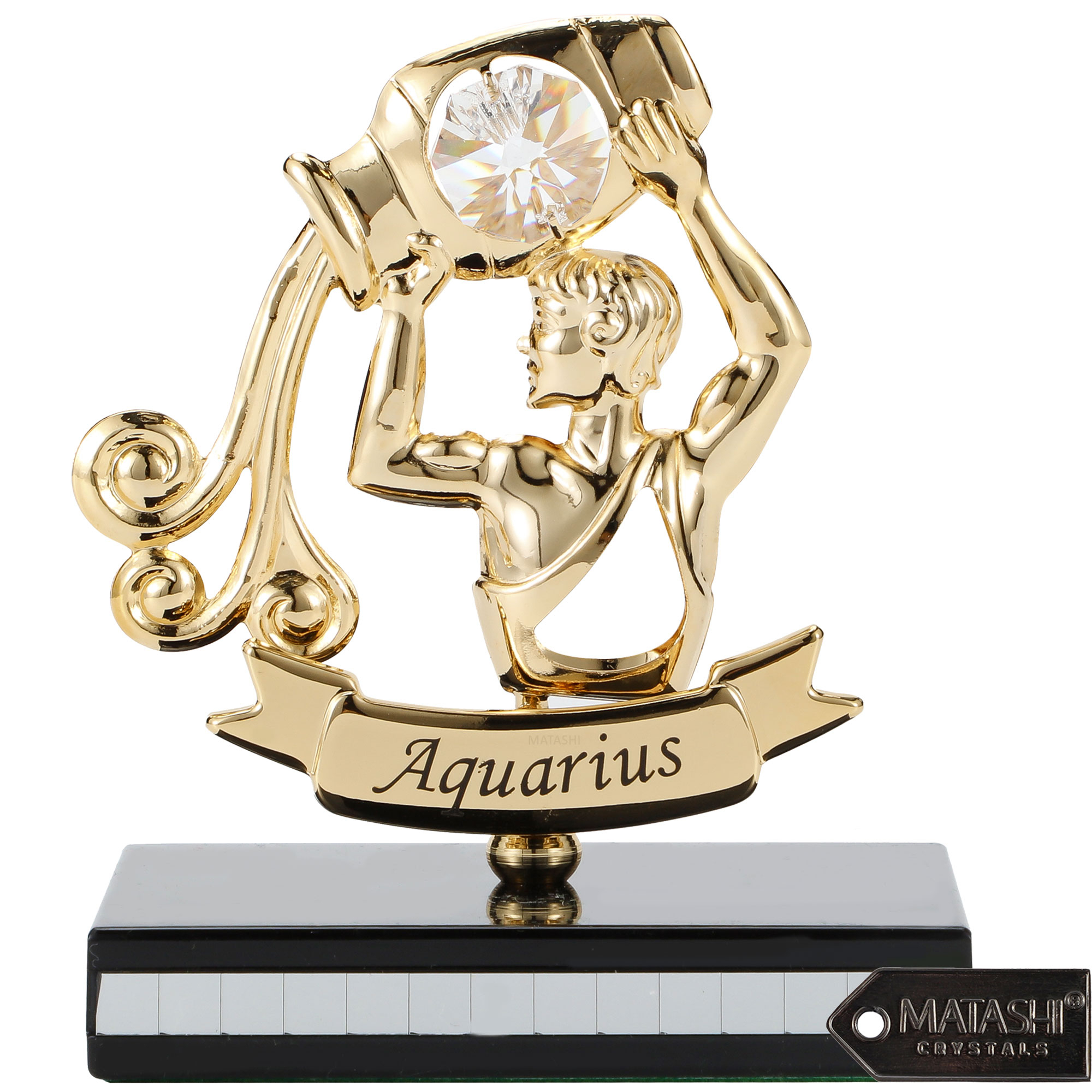 Matashi 24K Gold Plated Zodiac Astrological Sign Aquarius Figurine Statuette On Stand Studded With Matashi Crystals