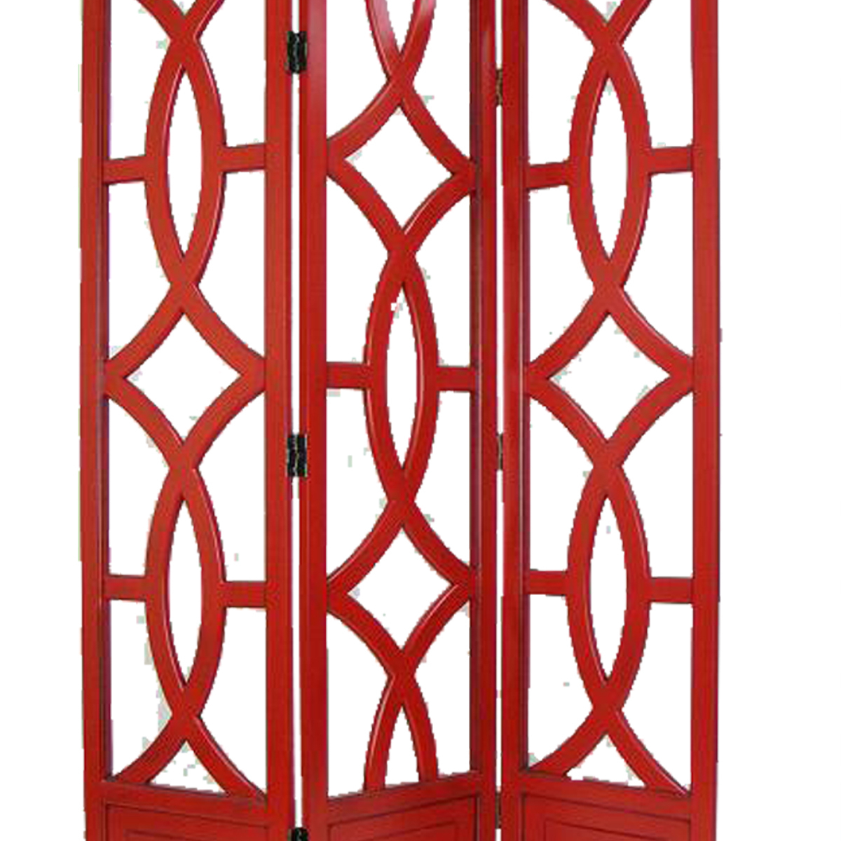 Open Cut Out Design 3 Panel Wooden Frame Screen With Double Hinges, Red- Saltoro Sherpi