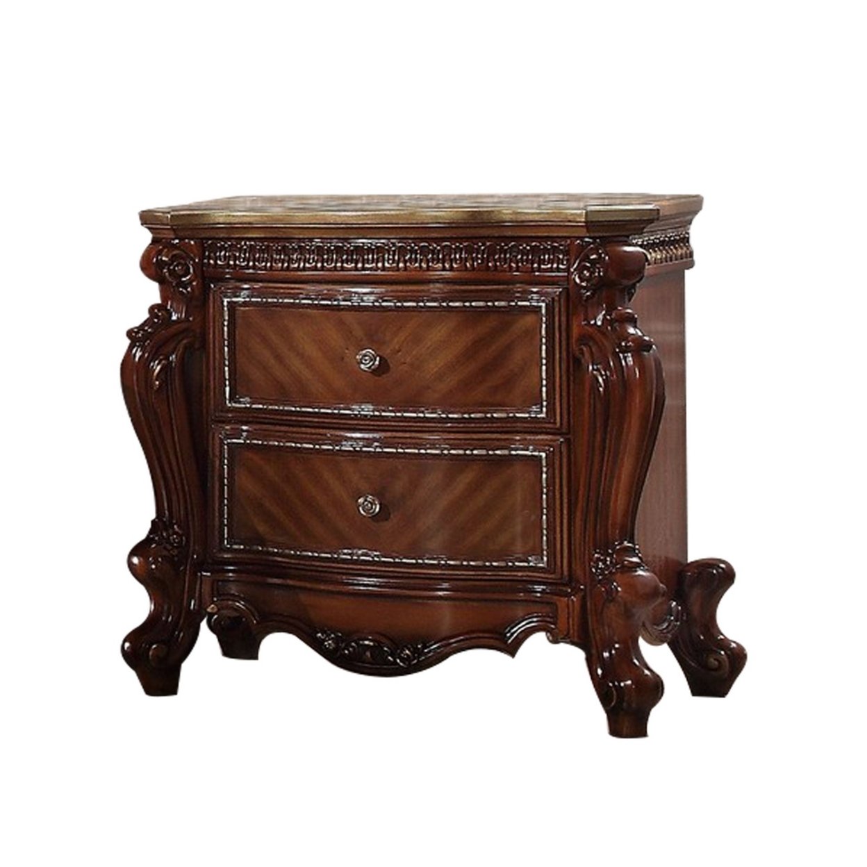 2 Drawer Wooden Nightstand With Metal Knobs And Carved Details, Brown- Saltoro Sherpi