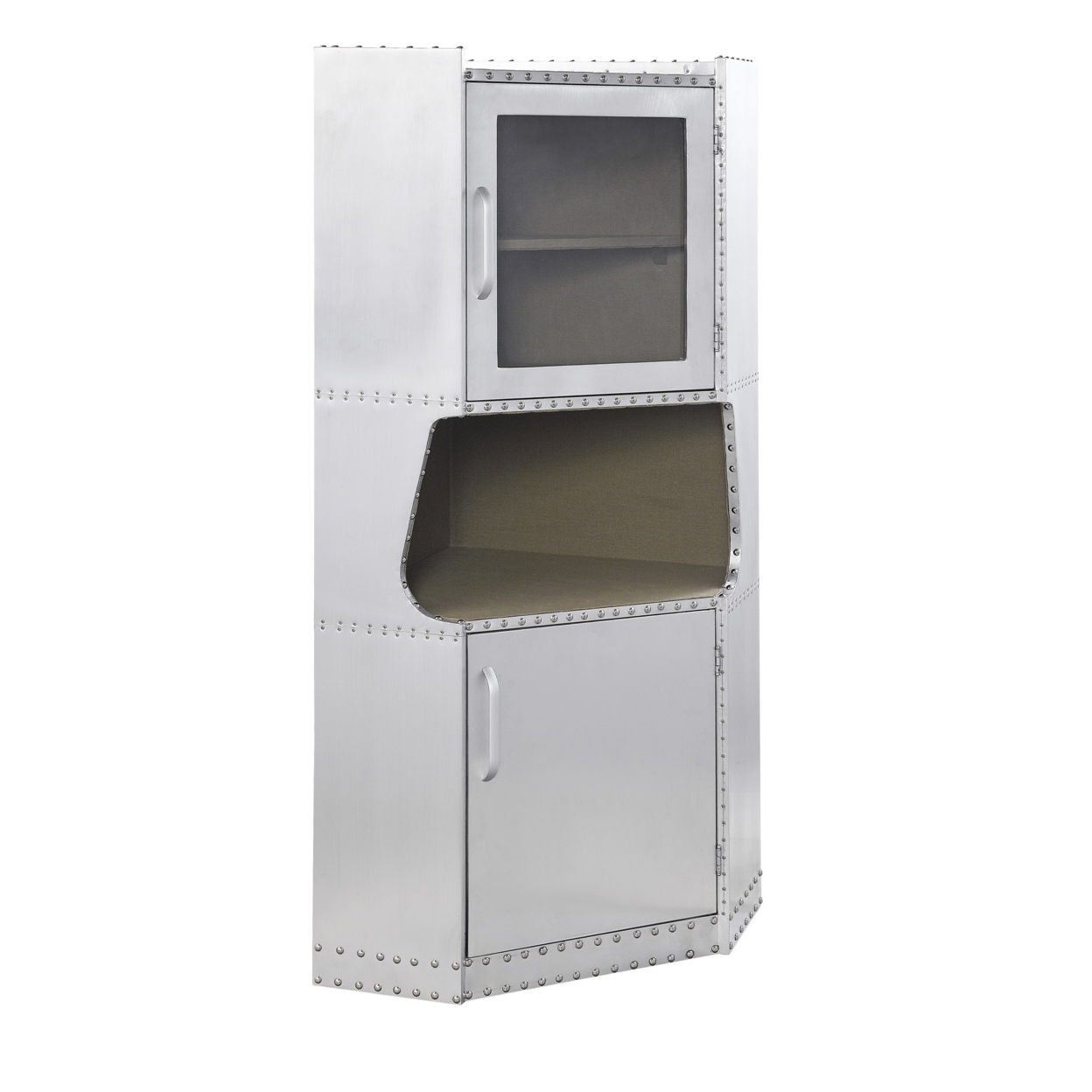 2 Door Aluminum Cabinet With Open Compartment And Rivet Accents, Silver- Saltoro Sherpi