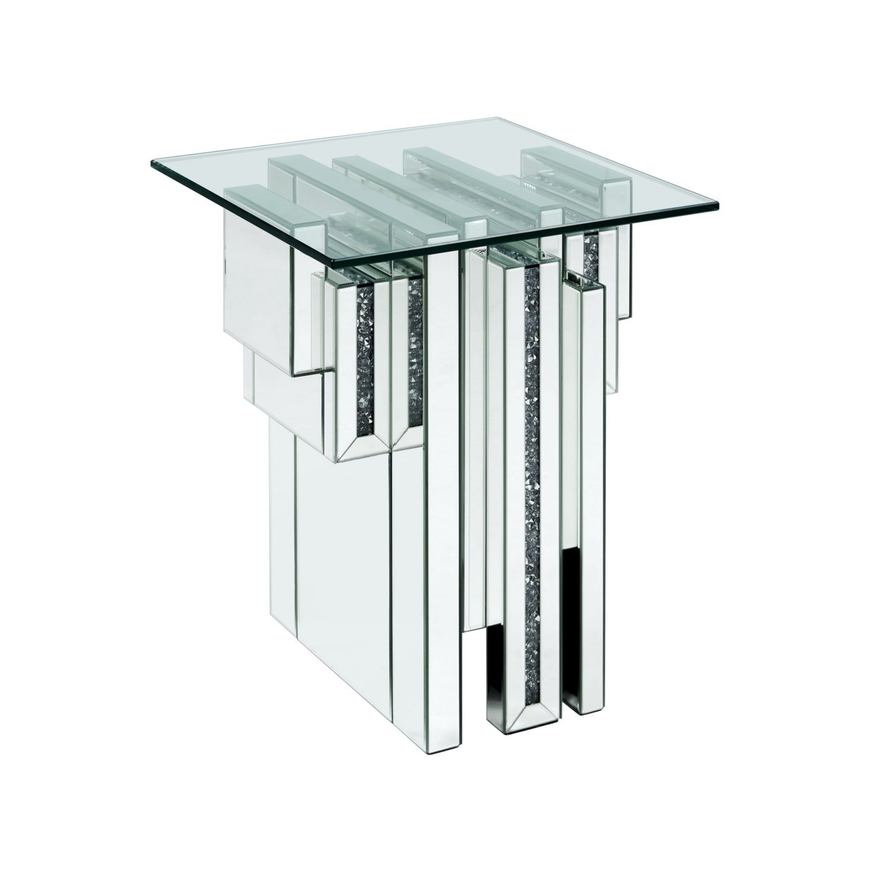 Glass Top End Table With Mirror Panels And Faux Gemstone Accents, Silver- Saltoro Sherpi