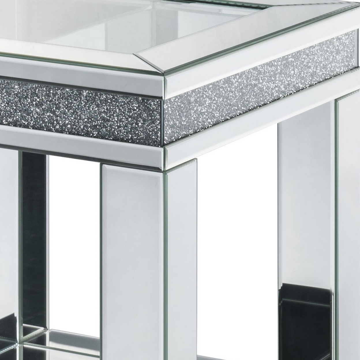 End Table With Faux Gemstone Accents And Open Bottom Mirrored Shelf, Silver- Saltoro Sherpi