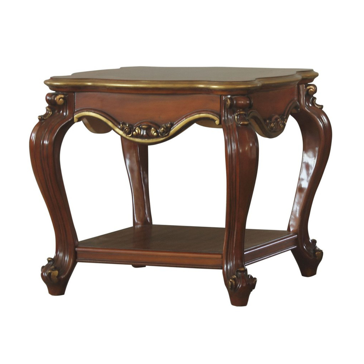Wooden End Table With Open Bottom Shelf And Carved Details, Brown- Saltoro Sherpi