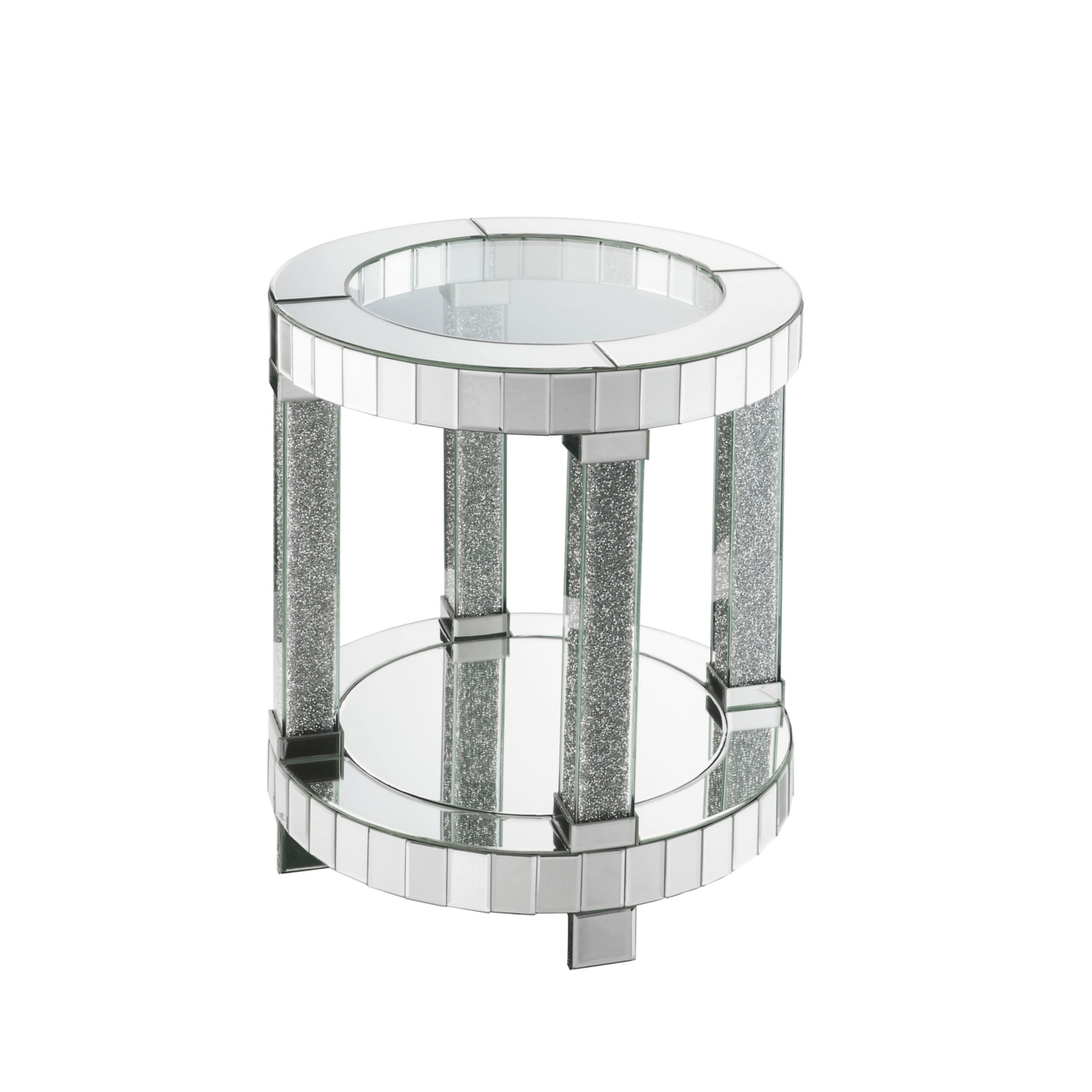 Round Mirrored Frame End Table With Faux Diamond And Bottom Shelf, Silver- Saltoro Sherpi