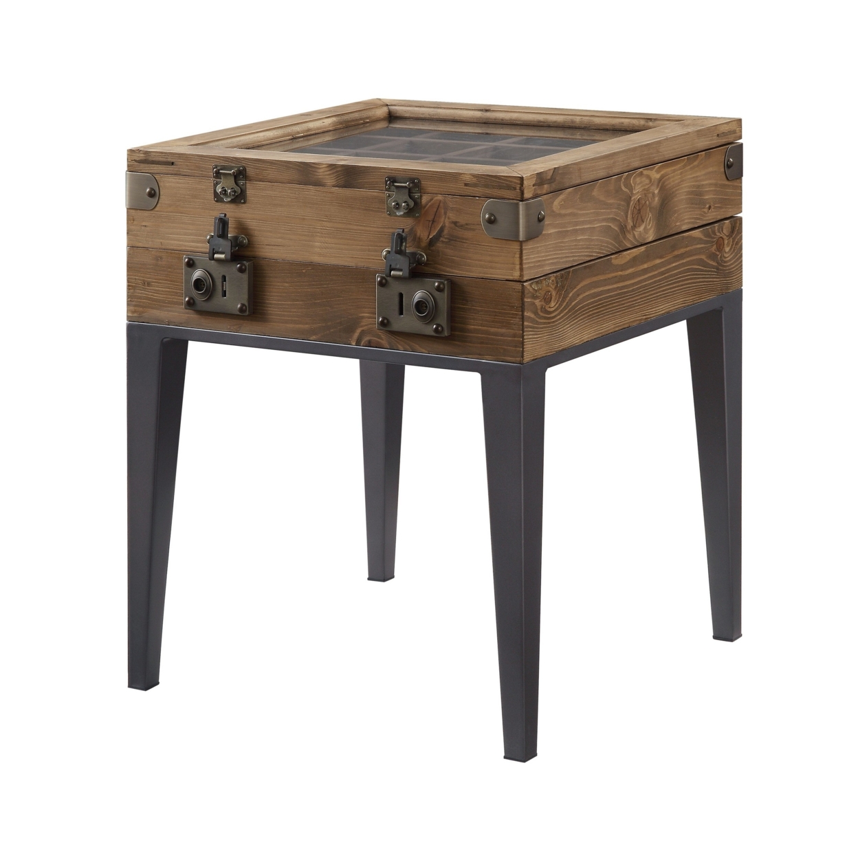 Trunk Style Accent Table With Glass Top Encasing And Metal Tapered, Brown- Saltoro Sherpi