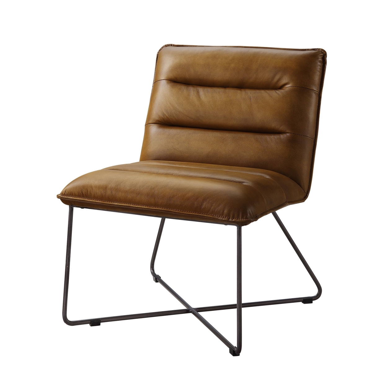 Horizontal Tufted Accent Chair With Sled Base And X Shaped Support, Brown- Saltoro Sherpi