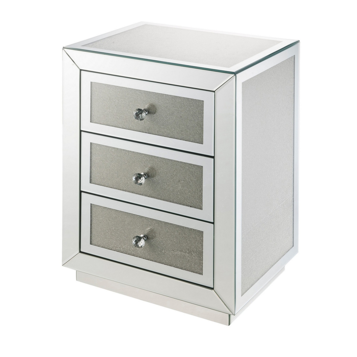 3 Drawer Mirrored Accent Table With Faux Diamond Inlay, Silver- Saltoro Sherpi