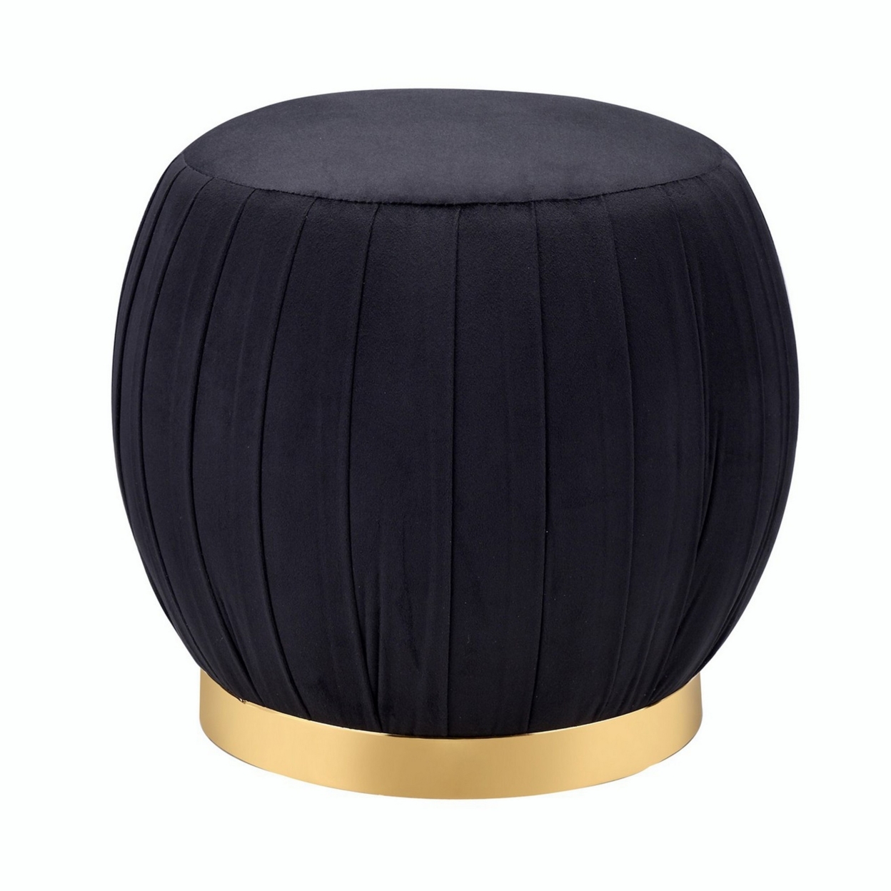 Fabric Upholstered Round Pleated Ottoman With Metal Base, Black And Gold- Saltoro Sherpi