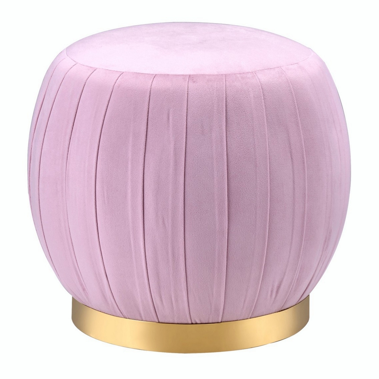 Fabric Upholstered Round Pleated Ottoman With Metal Base, Pink And Gold- Saltoro Sherpi