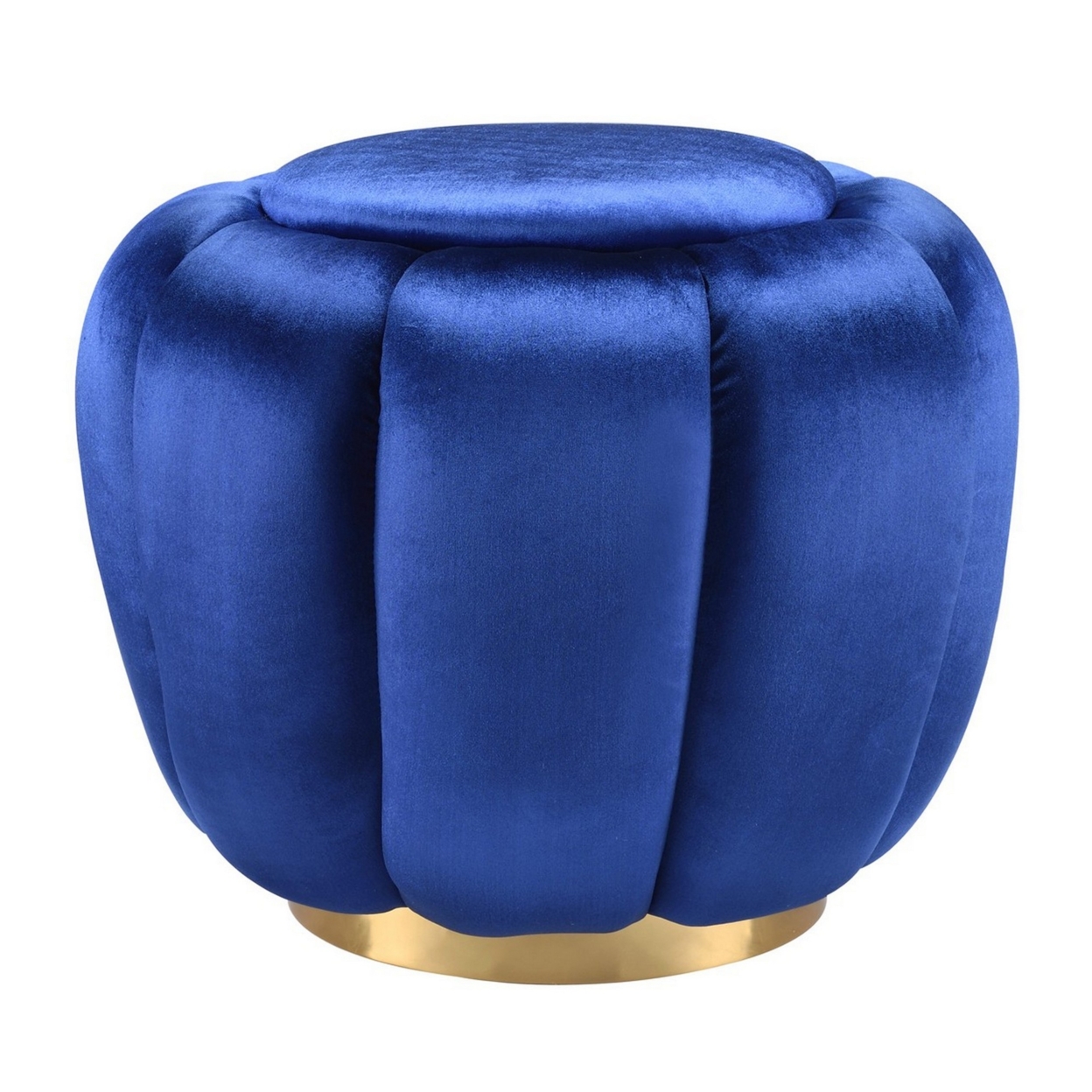 Fabric Channel Tufted Round Ottoman With Metal Base, Blue And Gold- Saltoro Sherpi