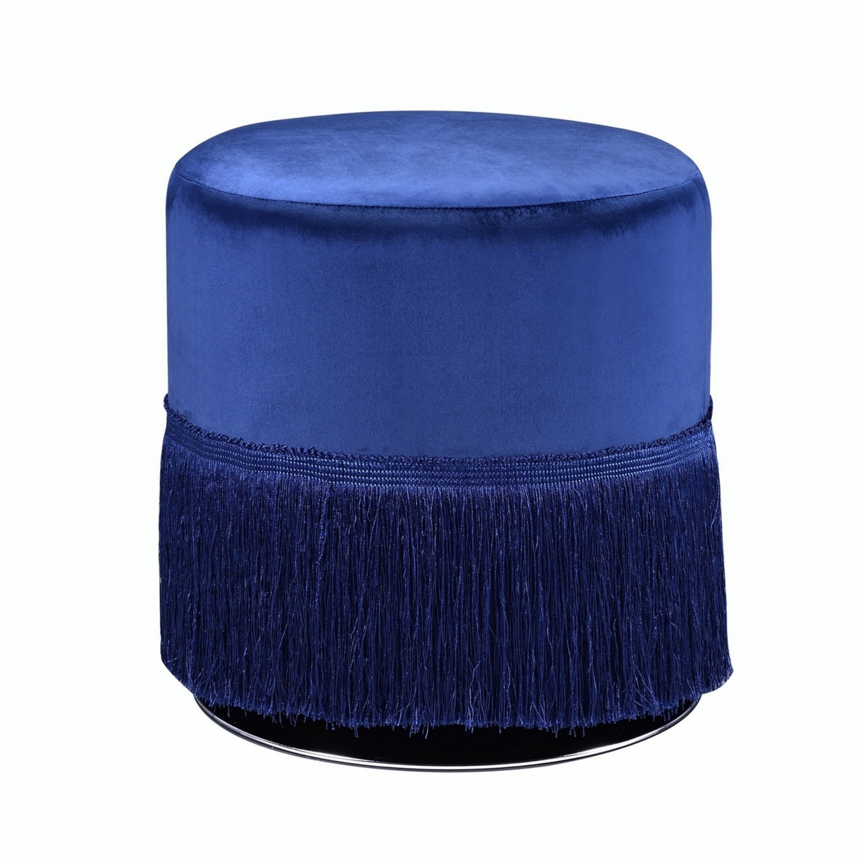 Fabric Upholstered Round Ottoman With Fringes And Metal Base, Dark Blue- Saltoro Sherpi