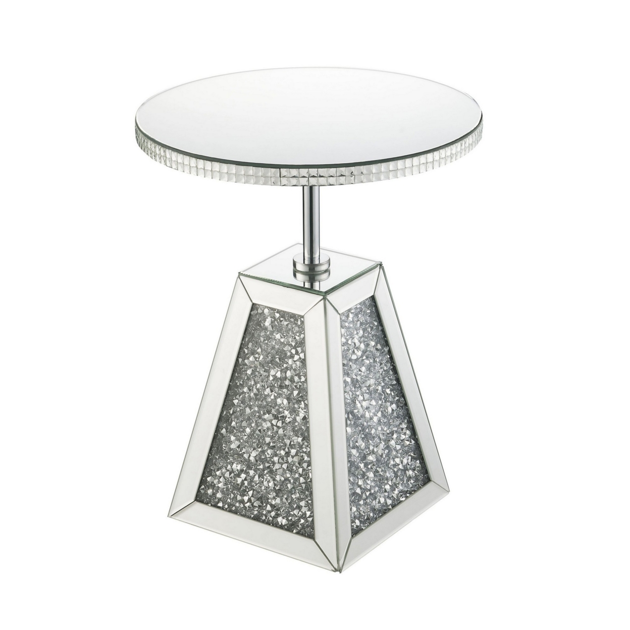 Round Mirrored Accent Table With Pedestal Base And Glass Top, Silver- Saltoro Sherpi