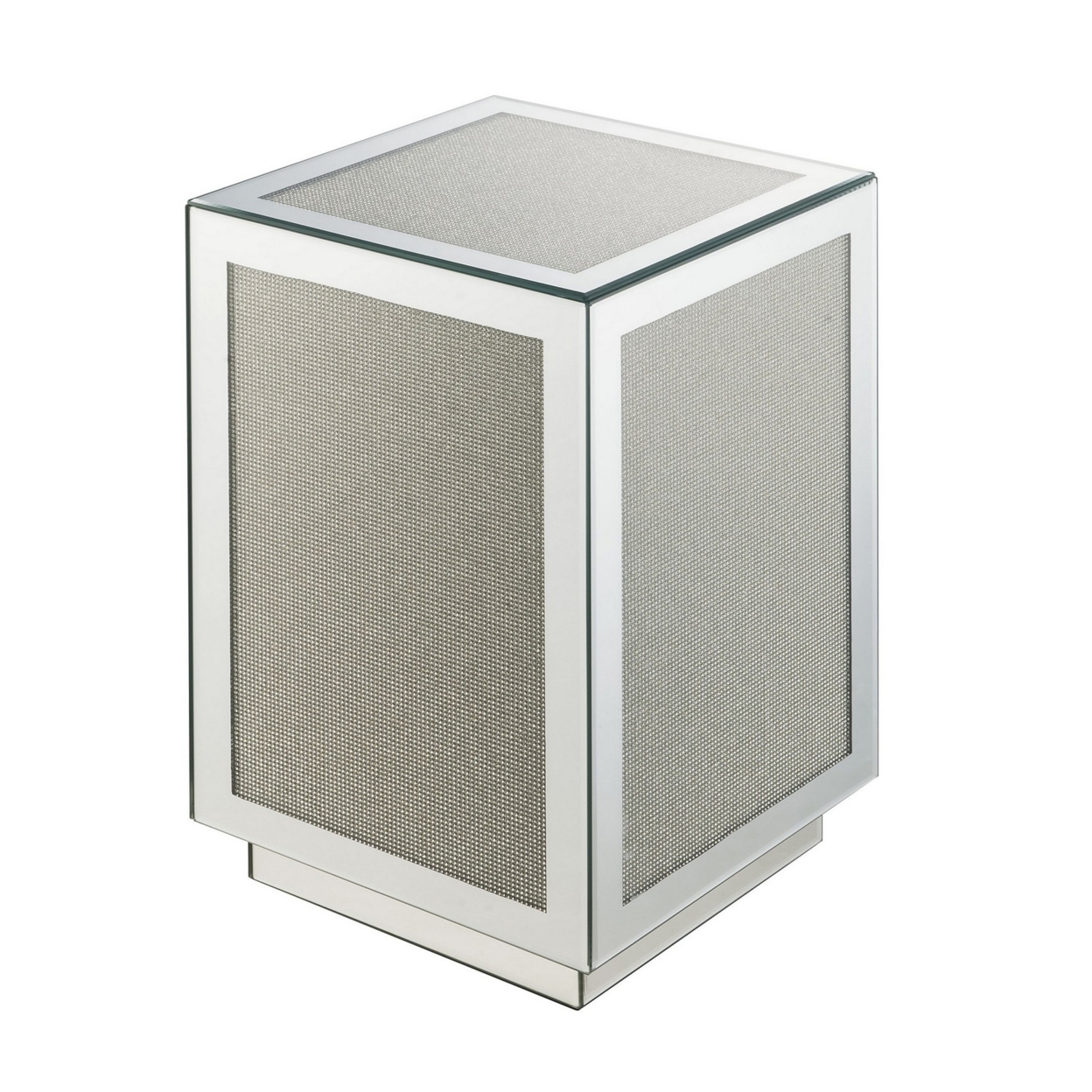 Mirrored Accent Table With Faux Diamond Inlay And Glass Top, Silver- Saltoro Sherpi