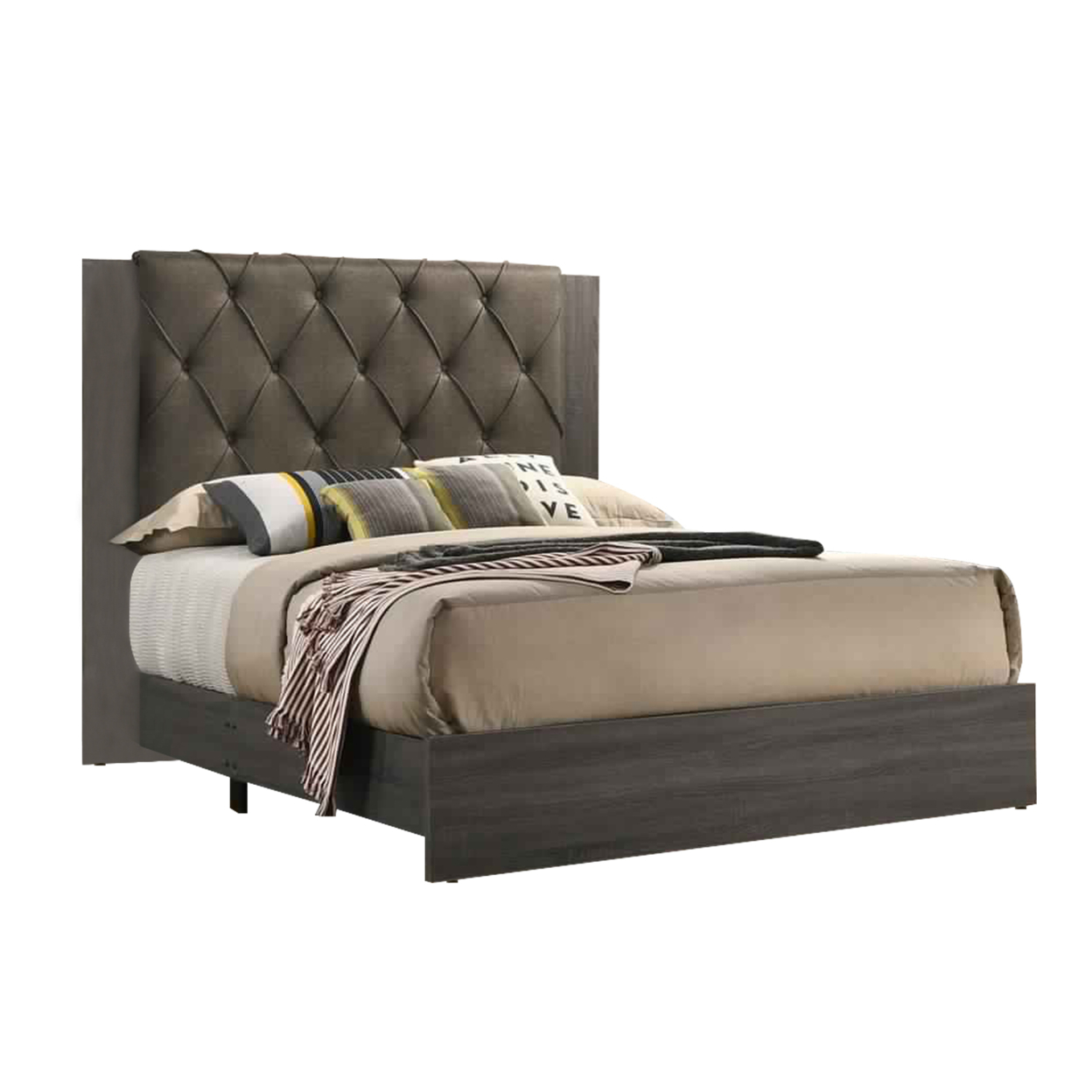 Wooden Queen Bed With Button Tufted Fabric Headboard, Gray And Brown- Saltoro Sherpi