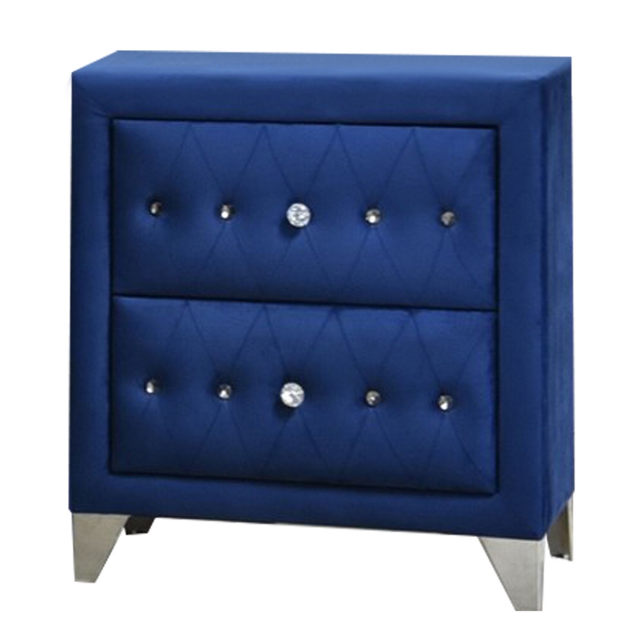 Velvet Upholstered 2 Drawer Wooden Nightstand With Faux Crustal Knobs, Blue- Saltoro Sherpi
