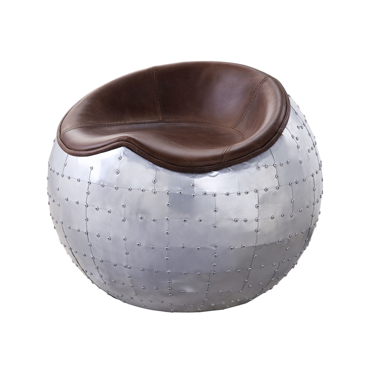 Spherical Metal Ottoman With Leatherette Saddle Seat, Gray And Brown- Saltoro Sherpi