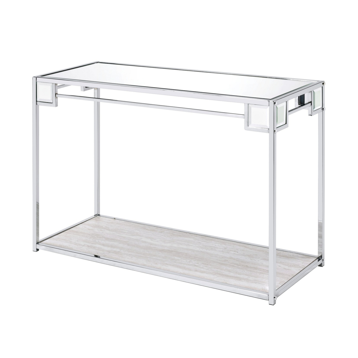 Mirror Top Metal Console Table With Wooden Open Bottom Shelf, Silver- Saltoro Sherpi