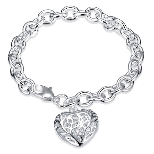 Sterling Silver Filled High Polish Finsh Heart Charm Bracelet 8''