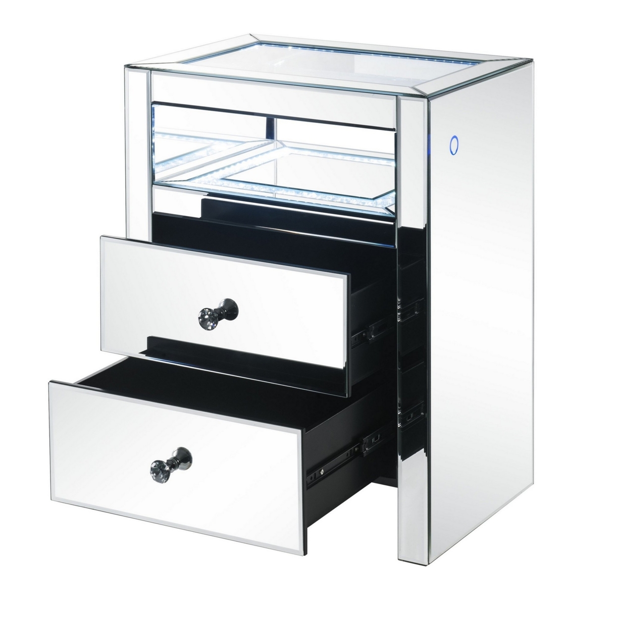 2 Drawer Beveled Mirrored Accent Table With Glass Top And LED, Silver- Saltoro Sherpi