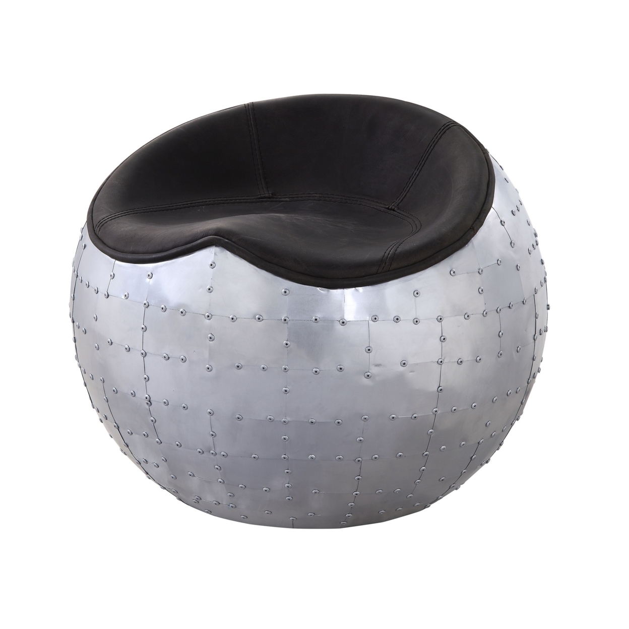 Spherical Metal Ottoman With Leatherette Saddle Seat, Gray And Black- Saltoro Sherpi