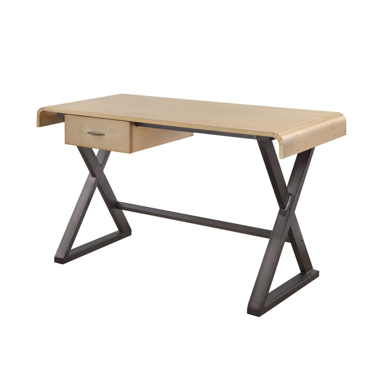 Aluminum Patchwork Rectangular Desk With X Trestle Base, Gold And Black- Saltoro Sherpi