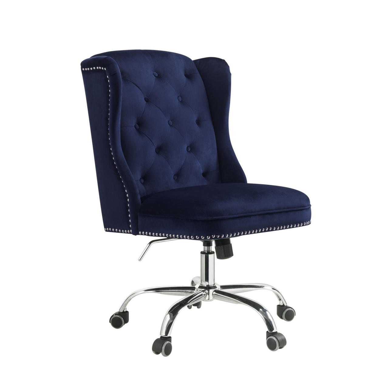 Velvet Upholstered Armless Swivel And Adjustable Tufted Office Chair, Blue- Saltoro Sherpi