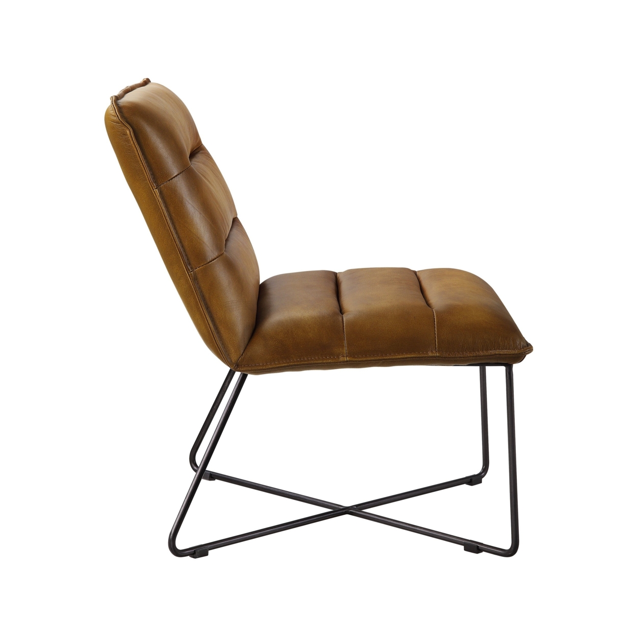 Horizontal Tufted Accent Chair With Sled Base And X Shaped Support, Brown- Saltoro Sherpi