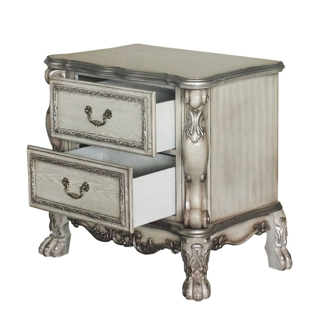 Traditional Wooden Nightstand With 2 Drawers And Carved Details, Silver- Saltoro Sherpi