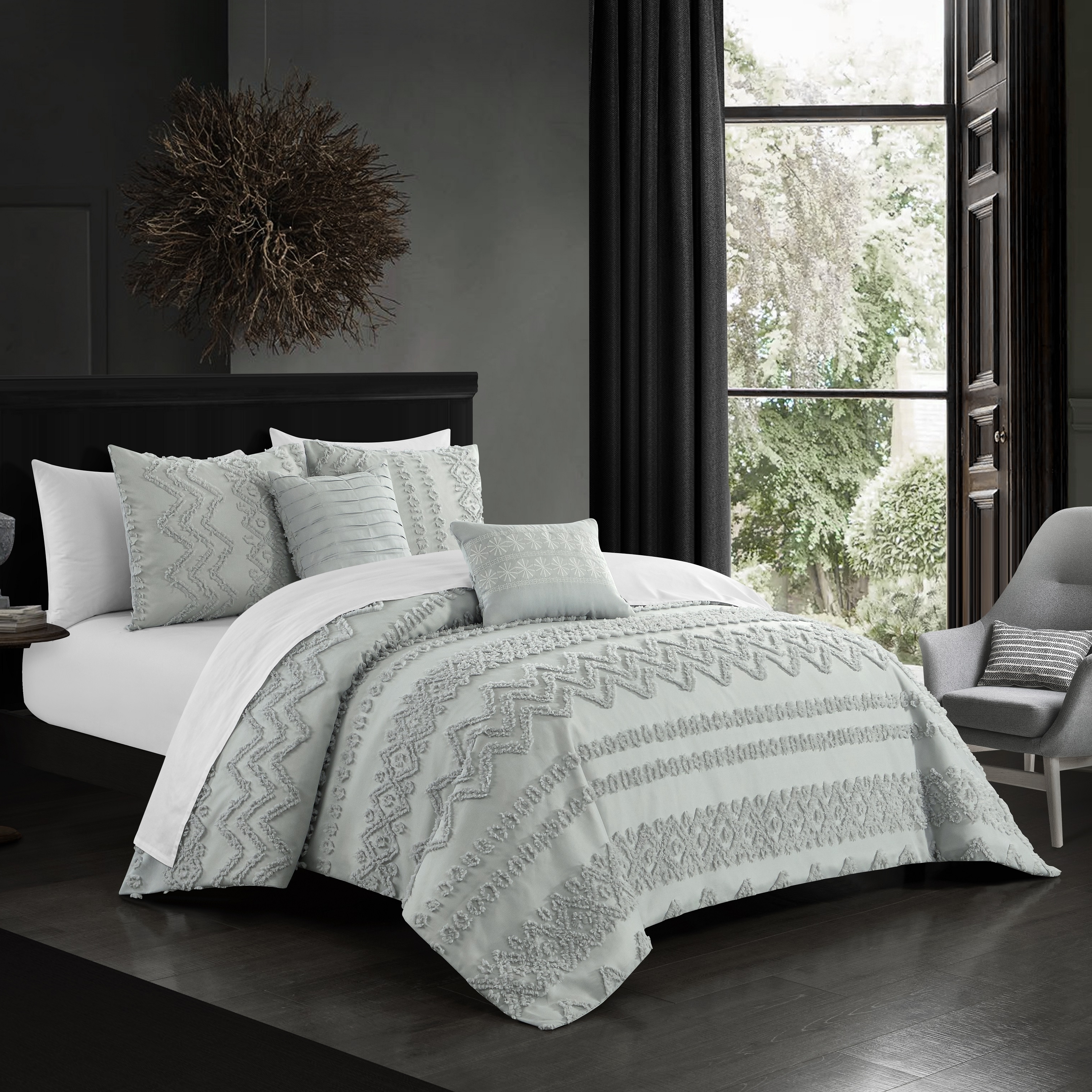 Jenson 5 Piece Comforter Set Jacquard Chevron Geometric Pattern Design Bedding - Grey, King